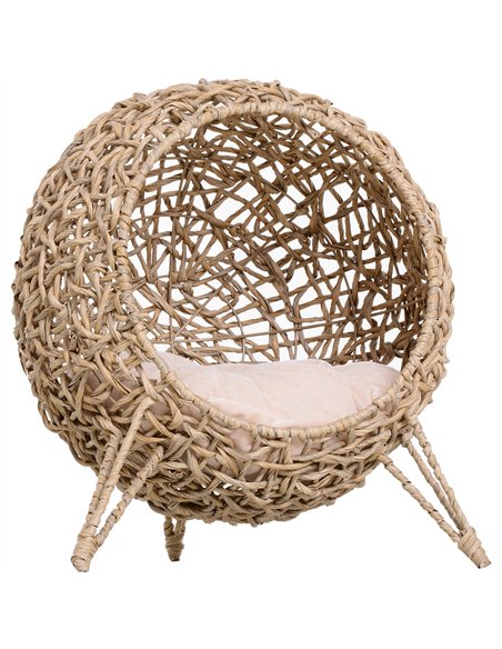 PawHut Wicker Cat Bed, Ball-Shaped Rattan Elevated Cat Basket with Three Tripod Legs, Cushion - Natural Wood Finish - pic 148889 | FastDaddyshop