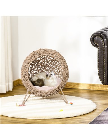 PawHut Wicker Cat Bed, Ball-Shaped Rattan Elevated Cat Basket with Three Tripod Legs, Cushion - Natural Wood Finish