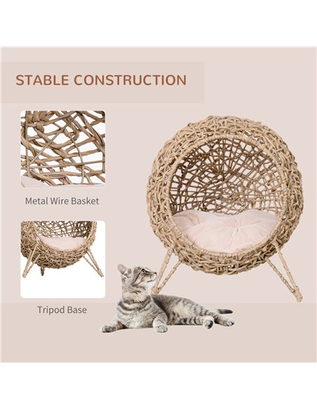 PawHut Wicker Cat Bed, Ball-Shaped Rattan Elevated Cat Basket with Three Tripod Legs, Cushion - Natural Wood Finish - pic 148892 | FastDaddyshop
