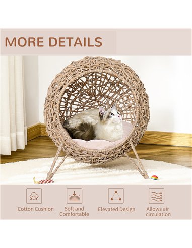 PawHut Wicker Cat Bed, Ball-Shaped Rattan Elevated Cat Basket with Three Tripod Legs, Cushion - Natural Wood Finish