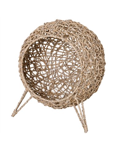 PawHut Wicker Cat Bed, Ball-Shaped Rattan Elevated Cat Basket with Three Tripod Legs, Cushion - Natural Wood Finish