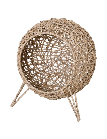 PawHut Wicker Cat Bed, Ball-Shaped Rattan Elevated Cat Basket with Three Tripod Legs, Cushion - Natural Wood Finish - pic 148895 | FastDaddyshop