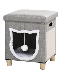 PawHut Cat House Cave, Cat Bed Cube with Scratching Pad, Soft Detachable & Washable Cushion, Toy Ball, for Indoor Kittens, Grey