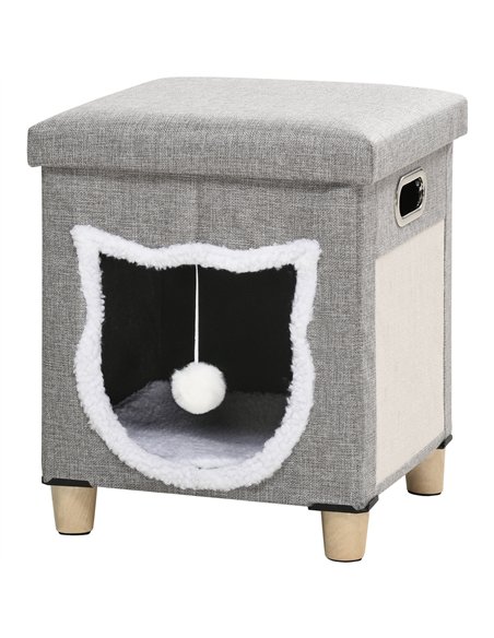PawHut Cat House Cave, Cat Bed Cube with Scratching Pad, Soft Detachable & Washable Cushion, Toy Ball, for Indoor Kittens, Grey - pic 148898 | FastDaddyshop