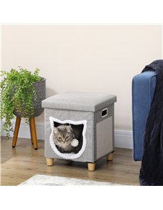 PawHut Cat House Cave, Cat Bed Cube with Scratching Pad, Soft Detachable & Washable Cushion, Toy Ball, for Indoor Kittens, Grey 2