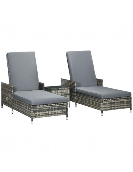 Outsunny 3-Pieces Rattan Sun Lounger Set with Soft Cushions, Glass Top Table, Grey - pic 14890 | FastDaddyshop
