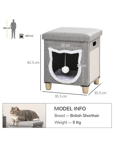 PawHut Cat House Cave, Cat Bed Cube with Scratching Pad, Soft Detachable & Washable Cushion, Toy Ball, for Indoor Kittens, Grey