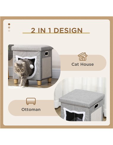 PawHut Cat House Cave, Cat Bed Cube with Scratching Pad, Soft Detachable & Washable Cushion, Toy Ball, for Indoor Kittens, Grey
