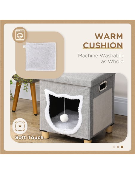 PawHut Cat House Cave, Cat Bed Cube with Scratching Pad, Soft Detachable & Washable Cushion, Toy Ball, for Indoor Kittens, Grey - pic 148903 | FastDaddyshop