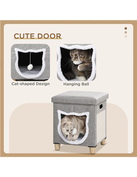 PawHut Cat House Cave, Cat Bed Cube with Scratching Pad, Soft Detachable & Washable Cushion, Toy Ball, for Indoor Kittens, Grey - pic 148904 | FastDaddyshop