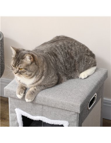 PawHut Cat House Cave, Cat Bed Cube with Scratching Pad, Soft Detachable & Washable Cushion, Toy Ball, for Indoor Kittens, Grey