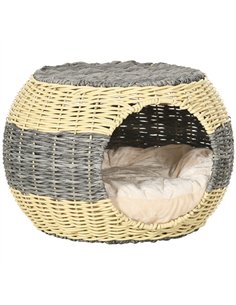 PawHut Wicker Cat House, Rattan Raised Cat Bed, Cosy Kitten Cave with Soft Washable Cushion, Φ40 x 30cm
