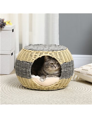 PawHut Wicker Cat House, Rattan Raised Cat Bed, Cosy Kitten Cave with Soft Washable Cushion, Φ40 x 30cm