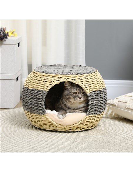 PawHut Wicker Cat House, Rattan Raised Cat Bed, Cosy Kitten Cave with Soft Washable Cushion, Φ40 x 30cm - pic 148908 | FastDaddyshop