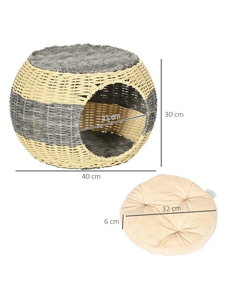 PawHut Wicker Cat House, Rattan Raised Cat Bed, Cosy Kitten Cave with Soft Washable Cushion, Φ40 x 30cm - pic 148909 | FastDaddyshop
