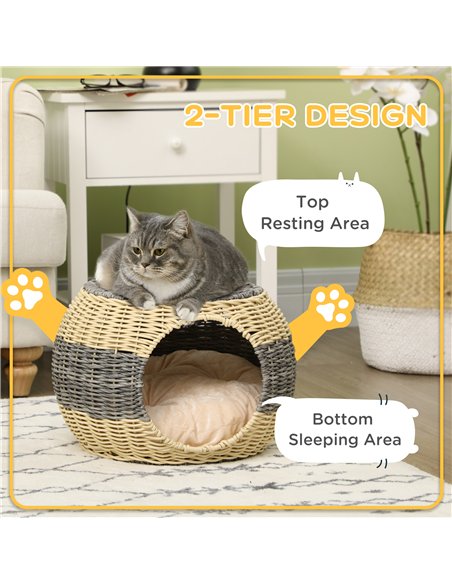 PawHut Wicker Cat House, Rattan Raised Cat Bed, Cosy Kitten Cave with Soft Washable Cushion, Φ40 x 30cm - pic 148911 | FastDaddyshop
