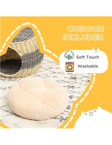 PawHut Wicker Cat House, Rattan Raised Cat Bed, Cosy Kitten Cave with Soft Washable Cushion, Φ40 x 30cm