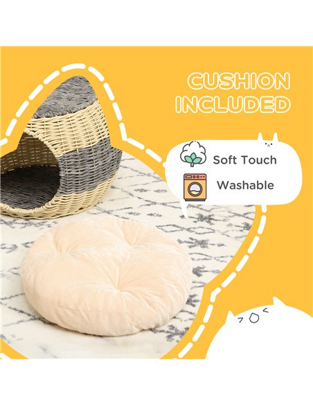 PawHut Wicker Cat House, Rattan Raised Cat Bed, Cosy Kitten Cave with Soft Washable Cushion, Φ40 x 30cm - pic 148912 | FastDaddyshop