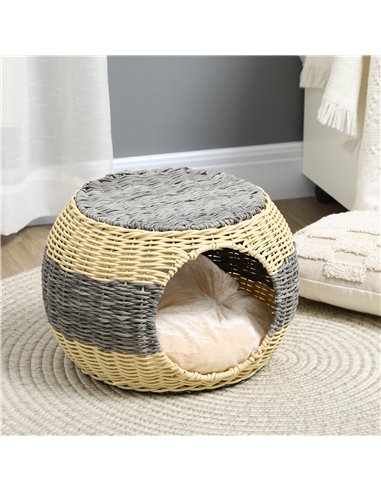 PawHut Wicker Cat House, Rattan Raised Cat Bed, Cosy Kitten Cave with Soft Washable Cushion, Φ40 x 30cm