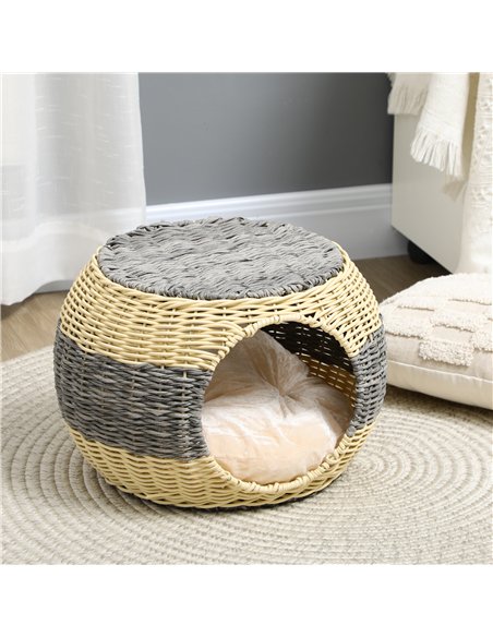 PawHut Wicker Cat House, Rattan Raised Cat Bed, Cosy Kitten Cave with Soft Washable Cushion, Φ40 x 30cm - pic 148913 | FastDaddyshop