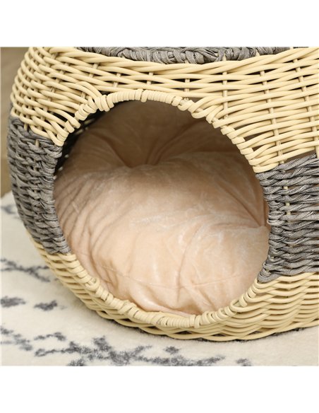 PawHut Wicker Cat House, Rattan Raised Cat Bed, Cosy Kitten Cave with Soft Washable Cushion, Φ40 x 30cm - pic 148914 | FastDaddyshop