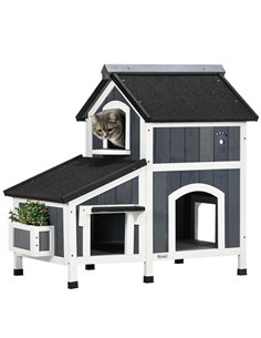 PawHut Wooden Cat House with Flower Pot, Windows, Multiple Entrances, Water-Resistant Roof for Outdoor - Grey