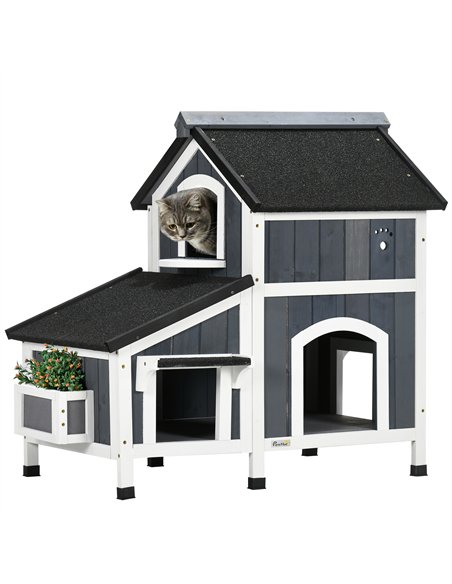 PawHut Wooden Cat House with Flower Pot, Windows, Multiple Entrances, Water-Resistant Roof for Outdoor - Grey - pic 148916 | FastDaddyshop