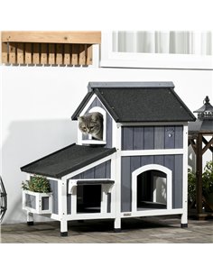 PawHut Wooden Cat House with Flower Pot, Windows, Multiple Entrances, Water-Resistant Roof for Outdoor - Grey 2