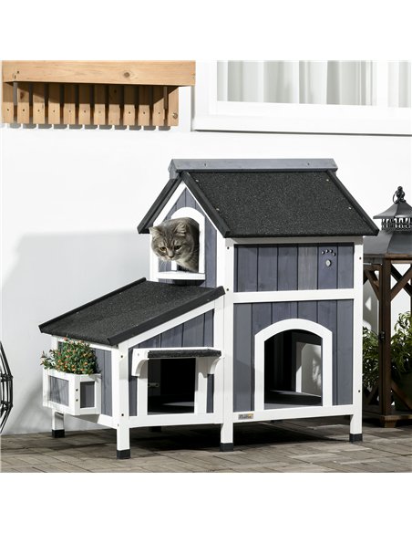 PawHut Wooden Cat House with Flower Pot, Windows, Multiple Entrances, Water-Resistant Roof for Outdoor - Grey - pic 148917 | FastDaddyshop