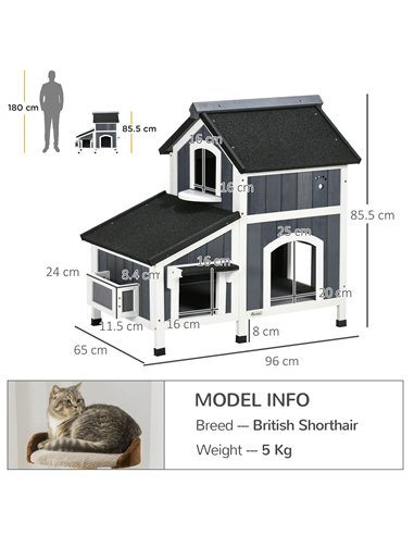 PawHut Wooden Cat House with Flower Pot, Windows, Multiple Entrances, Water-Resistant Roof for Outdoor - Grey