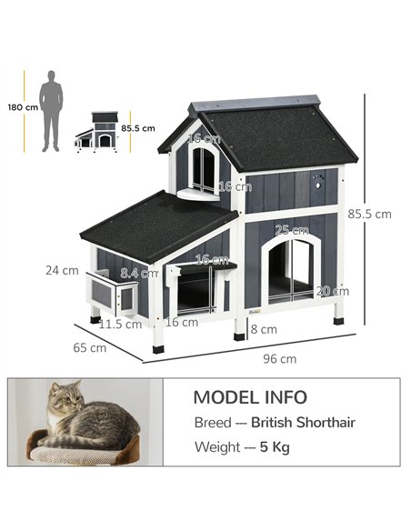 PawHut Wooden Cat House with Flower Pot, Windows, Multiple Entrances, Water-Resistant Roof for Outdoor - Grey - pic 148918 | FastDaddyshop