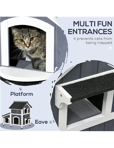 PawHut Wooden Cat House with Flower Pot, Windows, Multiple Entrances, Water-Resistant Roof for Outdoor - Grey