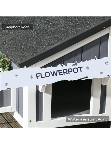 PawHut Wooden Cat House with Flower Pot, Windows, Multiple Entrances, Water-Resistant Roof for Outdoor - Grey - pic 148921 | FastDaddyshop