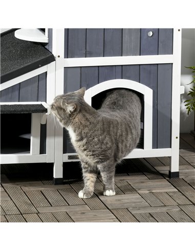 PawHut Wooden Cat House with Flower Pot, Windows, Multiple Entrances, Water-Resistant Roof for Outdoor - Grey