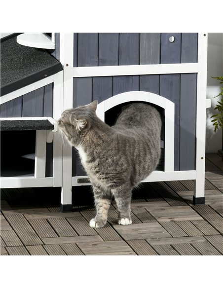 PawHut Wooden Cat House with Flower Pot, Windows, Multiple Entrances, Water-Resistant Roof for Outdoor - Grey - pic 148923 | FastDaddyshop