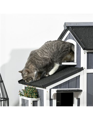 PawHut Wooden Cat House with Flower Pot, Windows, Multiple Entrances, Water-Resistant Roof for Outdoor - Grey