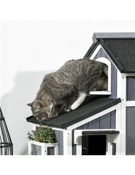 PawHut Wooden Cat House with Flower Pot, Windows, Multiple Entrances, Water-Resistant Roof for Outdoor - Grey - pic 148924 | FastDaddyshop