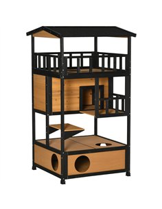 PawHut Wooden Outdoor Cat House 3-Tier for Winter Kitten Shelter Lodge w/ Tilted Roof Terrace Jump Step Bottom Tray Elevated Bas