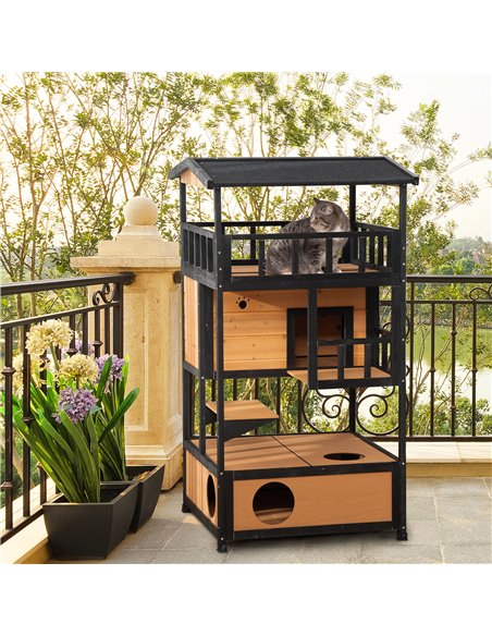 PawHut Wooden Outdoor Cat House 3-Tier for Winter Kitten Shelter Lodge w/ Tilted Roof Terrace Jump Step Bottom Tray Elevated Bas - pic 148926 | FastDaddyshop