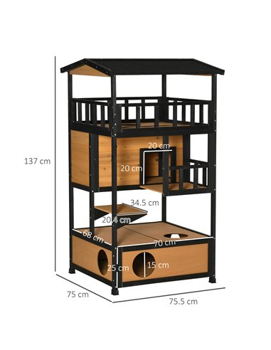 PawHut Wooden Outdoor Cat House 3-Tier for Winter Kitten Shelter Lodge w/ Tilted Roof Terrace Jump Step Bottom Tray Elevated Bas