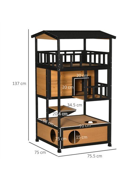 PawHut Wooden Outdoor Cat House 3-Tier for Winter Kitten Shelter Lodge w/ Tilted Roof Terrace Jump Step Bottom Tray Elevated Bas - pic 148927 | FastDaddyshop