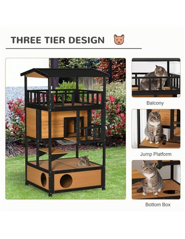 PawHut Wooden Outdoor Cat House 3-Tier for Winter Kitten Shelter Lodge w/ Tilted Roof Terrace Jump Step Bottom Tray Elevated Bas