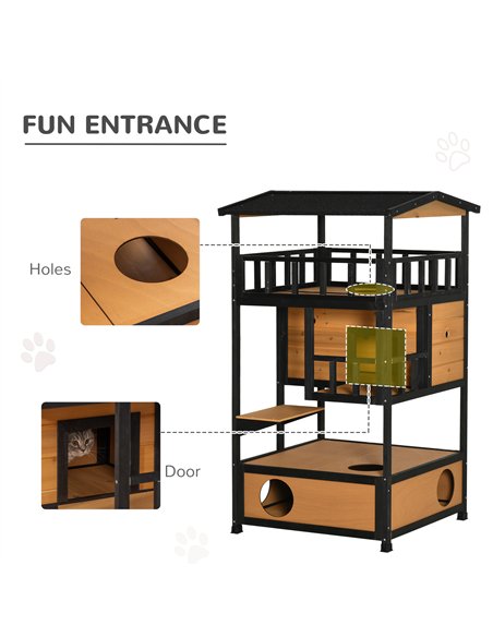 PawHut Wooden Outdoor Cat House 3-Tier for Winter Kitten Shelter Lodge w/ Tilted Roof Terrace Jump Step Bottom Tray Elevated Bas - pic 148929 | FastDaddyshop