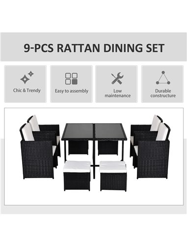 Outsunny 9PC Garden Rattan Dining Set Outdoor Patio Dining Table Set Weave Wicker 8 Seater Stool Black