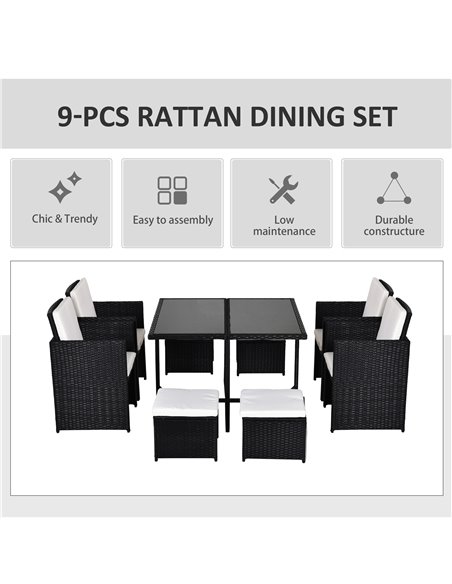 Outsunny 9PC Garden Rattan Dining Set Outdoor Patio Dining Table Set Weave Wicker 8 Seater Stool Black - pic 14893 | FastDaddyshop