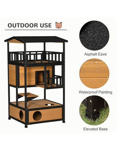 PawHut Wooden Outdoor Cat House 3-Tier for Winter Kitten Shelter Lodge w/ Tilted Roof Terrace Jump Step Bottom Tray Elevated Bas