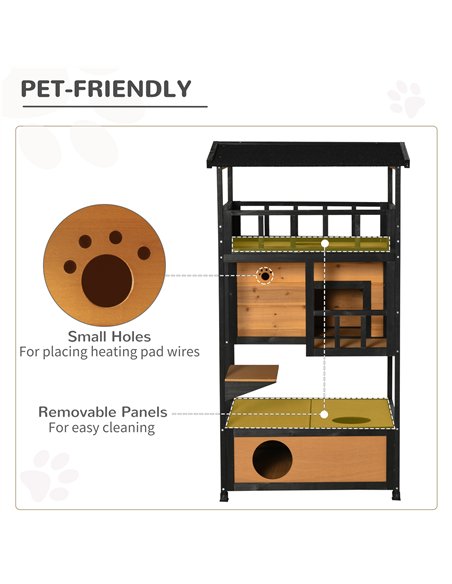 PawHut Wooden Outdoor Cat House 3-Tier for Winter Kitten Shelter Lodge w/ Tilted Roof Terrace Jump Step Bottom Tray Elevated Bas - pic 148931 | FastDaddyshop