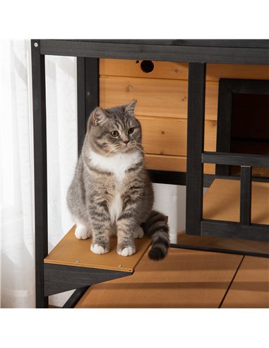 PawHut Wooden Outdoor Cat House 3-Tier for Winter Kitten Shelter Lodge w/ Tilted Roof Terrace Jump Step Bottom Tray Elevated Bas