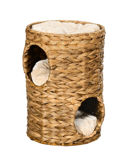 PawHut 47cm Cat Barrel Tree for Indoor Cats with 2 Condos, Kitten Tower with Cushion - Light Brown - pic 148934 | FastDaddyshop
