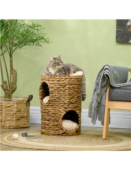 PawHut 47cm Cat Barrel Tree for Indoor Cats with 2 Condos, Kitten Tower with Cushion - Light Brown - pic 148935 | FastDaddyshop